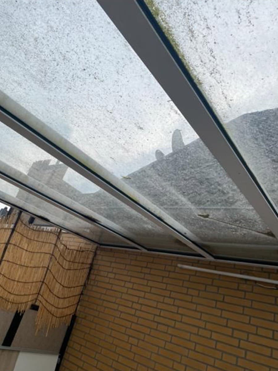 Glasdach eines Wintergartens von unten, grünlich verschmutzt, vor der Reinigung